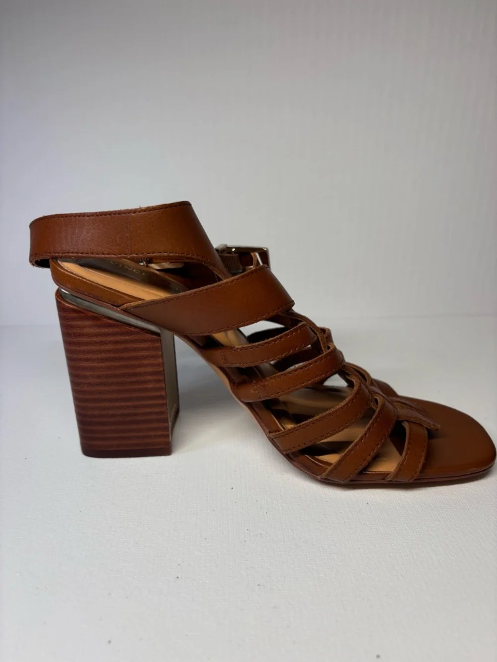Vince Camuto Cognac Brown Gladiator Block Heel Sandals Buckle Strap Heels Size 6